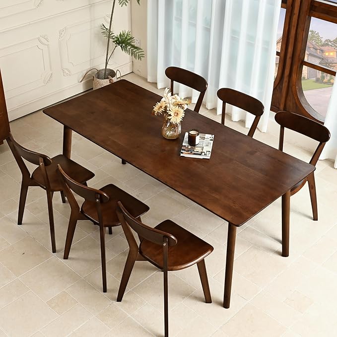 DELAVIN 59" Large Solid Wood Dining Table for 4-6 People, Mid Century Modern Oak Dining Room Table, Farmhouse Rectangular Kitchen Table for Dining Room, Living Room, Easy Assembly, Walnut