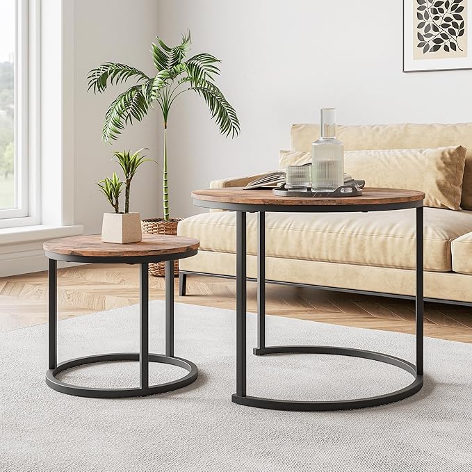Round Coffee Table Set of 2 for Living Room,Black Small Coffee Table Living Room Table,Nesting Tables Metal Frame/Wood,Sturdy/Easy Assembly,Stacking Side Tables Bedroom,Rustic Brown