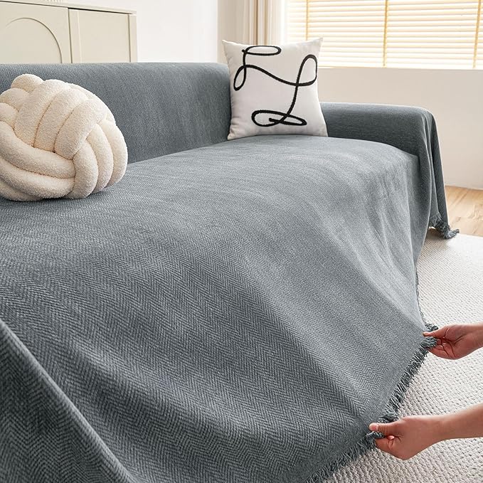 hyha Couch Cover for Dogs, Boho Sofa Covers for 3 Cushion Couch Washable, Chenille Sofa Slipcover for Pets, Soft Loveseat Sectional Couch Throw Blankets with Tassels (Grey, 88.5x134 Inch)