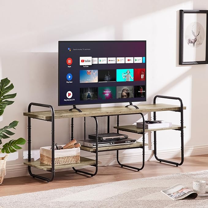 VECELO TV Stands for 55 Inch,Entertainment Center/Media Console Table with Adjustable Storage Shelves for Living Room/Bedroom,Grey
