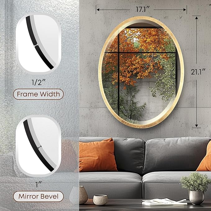 OVALCREST - Oval Wooden Beveled Wall Mirror for Home Decor, Bathroom, Vanity, Bedroom, Living Room, Hallway - London Style (Gold Leaf) 17.1 x 21.1
