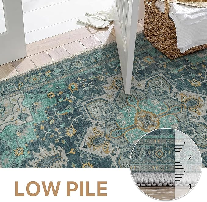 GENIMO 2x7 Runner Rugs for Hallway, Machine Washable Non Slip Vintage Rugs, Low Pile Lightweight Soft Print Rug for enrtyway, Corridor, Home Office, Kitchen, Dark Green