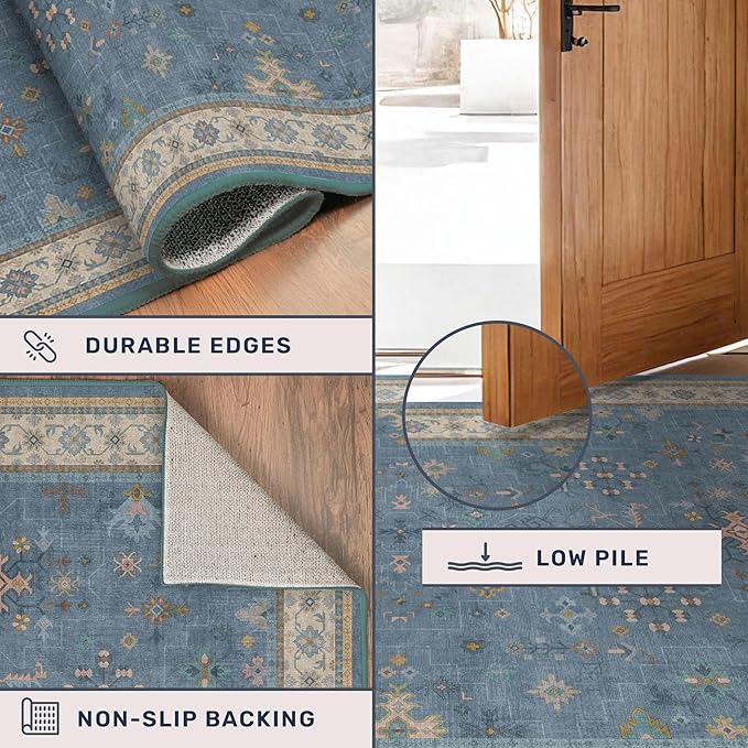 Boho 2x6 Non Slip Kitchen Rug Runner - Light Blue Washable Rug for Bathroom, Laundry Room, Hallway, Non Slip with Rubber Backing, Floral Eclectic Unique Runner Décor