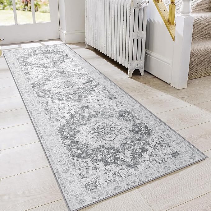 GENIMO Runner Rug 2x6, Machine Washable Non Slip Vintage Hallway Runner Rug, Low Pile Lightweiht Mat for Living Room, Entryway, Bedroom, Kitchen and Corridor, Gray