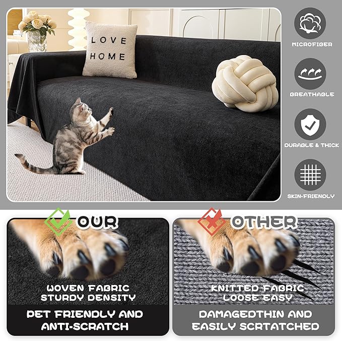 MYSKY HOME Black Couch Covers for Sectional Sofa, Couch Cover Couch Covers for Dogs Washable Couch Cover Blanket, Non Slip Sofa Slipcovers, Super Soft Sofa Towel for Kids, Pets, 91" x 118"