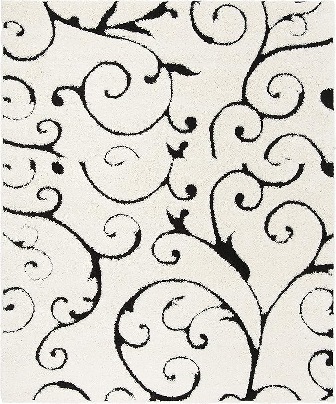 SAFAVIEH Florida Shag Collection Area Rug - 10' Square, Ivory & Black, Scroll Design, Non-Shedding & Easy Care, 1.2-inch Thick Ideal for High Traffic Areas in Living Room, Bedroom (SG455-1290)