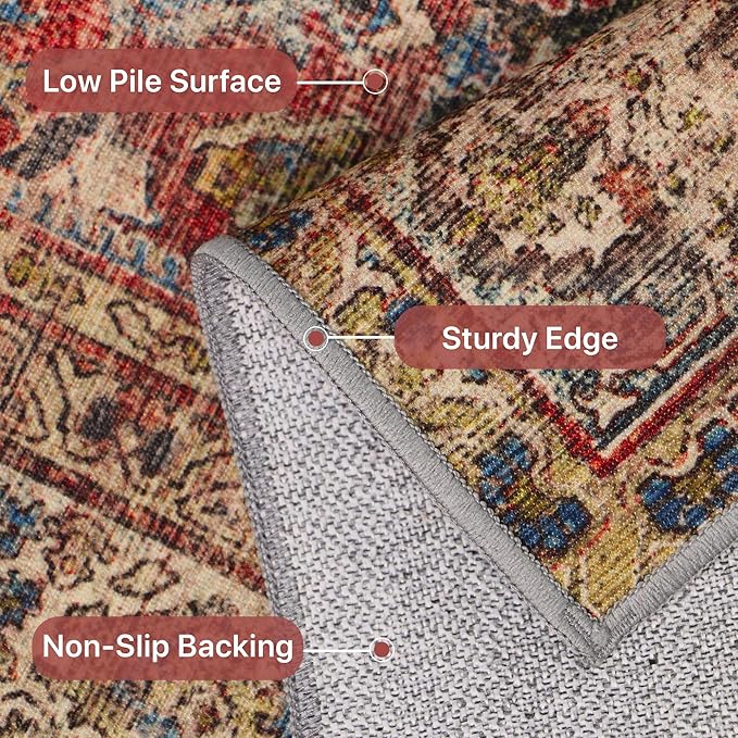 8X10 Area Rugs Machine Washable Rugs for Living Room, Vintage Boho Large Rugs for Bedroom Dining Room, Non Slip Indoor Soft Distressed Lightweight Thin Low Pile Carpet, Rust Red