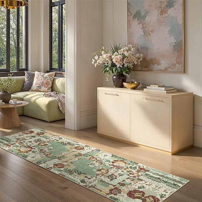 GENIMO Floral Runner Rug 2X6, Machine Washable Non Slip Vintage Patchwork Hallway Runner, Ultra-Thin Low Pile Runners for Indoor Entryway, Hallway, Kitchen and Corridor, Celadon Green