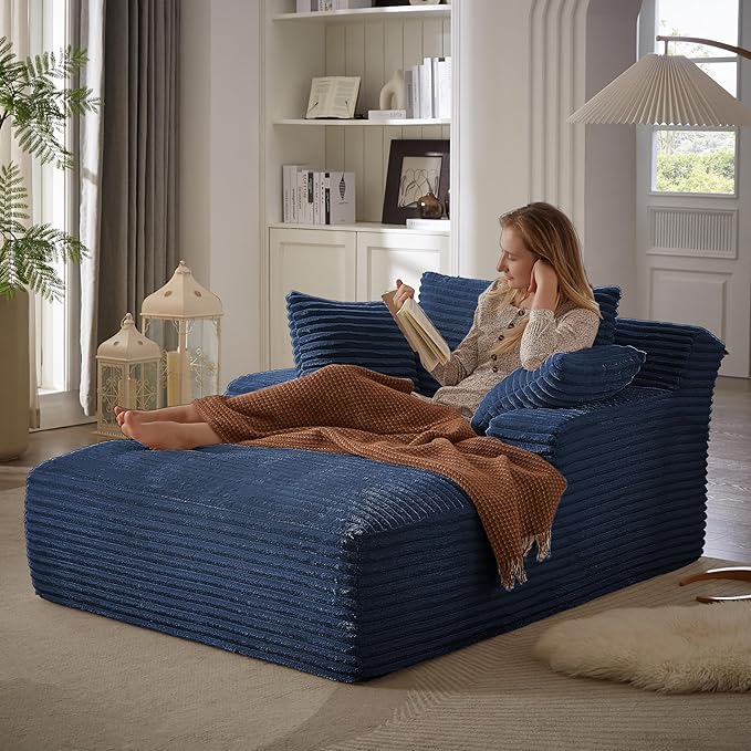 Oversized Chaise Daybed Lounge Sleeper Chair Sofa Bed Indoor, Fluffy Corduroy Upholstered Sleeper Recliner Sofabed Full Foam Boneless Cloud Sofabed W/3 Pillows for Home/Apartment Living Room Bedroom