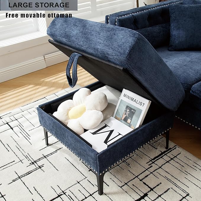 Ball & Cast 85" L Shaped Sectional Sofa with Storage Ottoman, Morden 3 Seater Tufted Couch with Nailhead Trim and Metal Legs for Living Room, Apartment, Office, Blue