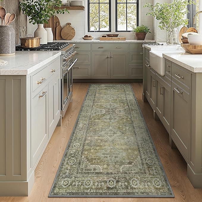 GENIMO Runner Rug 2x6 Non Slip Machine Washable Vintage Hallway Runner Rugs, Low Pile Lightweight Mat for Living Room, Entryway, Bedroom, Kitchen and Corridor, Distressed Sage