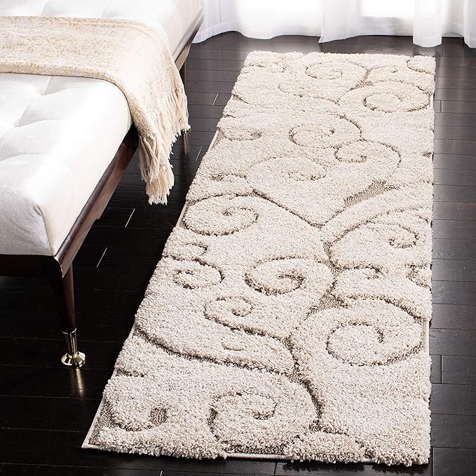 SAFAVIEH Florida Shag Collection Runner Rug - 2'3" x 7', Cream & Beige, Scroll Design, Non-Shedding & Easy Care, 1.2-inch Thick Ideal for High Traffic Areas in Living Room, Bedroom (SG455-1113)