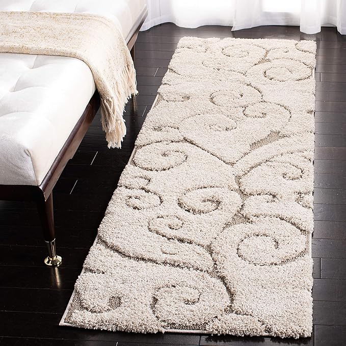 SAFAVIEH Florida Shag Collection Runner Rug - 2'3" x 15', Cream & Beige, Scroll Design, Non-Shedding & Easy Care, 1.2-inch Thick Ideal for High Traffic Areas in Living Room, Bedroom (SG455-1113)