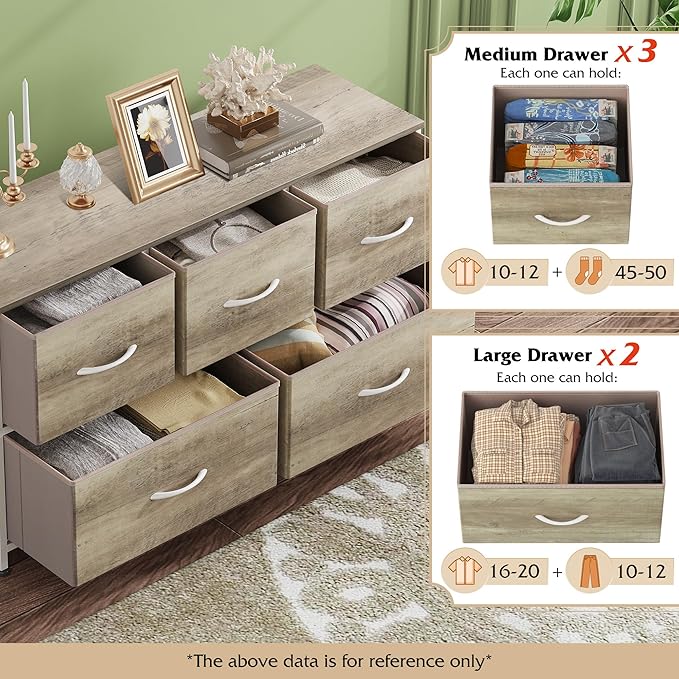 WLIVE Dresser for Bedroom with 5 Drawers, Wide Chest of Drawers, Fabric Dresser, Storage Organizer Unit with Fabric Bins for Closet, Living Room, Hallway, Greige Oak