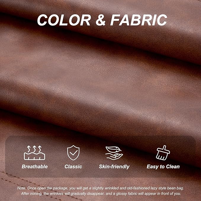 Hobestluk Giant Bean Bag Chair Lazy Floor Sofa, Memory Foam Fireside Sofa for Adults, Big Beanbag Faux Leather Armless Chair for Living Room Bedroom Dorm Office (Brown, Single)
