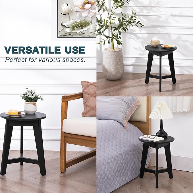 Round Side Table – Solid Acacia Wood End Table for Living Room or Bedroom – Black Wood Finish, Compact Nightstand or Accent Table for Sofas & Beds (13 x 16 x 13 Inches)