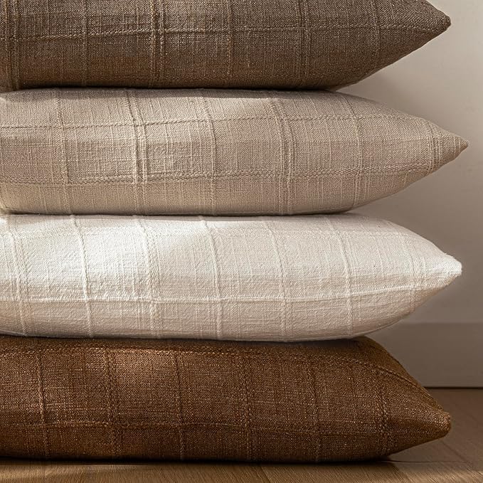Foindtower Set of 2 Decorative Linen Check Throw Pillow Covers Neutral Farmhouse Vintage Cushion Covers Modern Boho Home Decor for Sofa Chair Couch Bedroom Living Room Outdoor,16×16 Inch,Cream White
