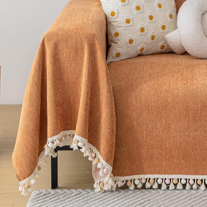 HANDONTIME Dark Orange Sofa Covers - Colorful Tassel Couch Cover for Dogs & Vintage Boho Couch, 91" X134"