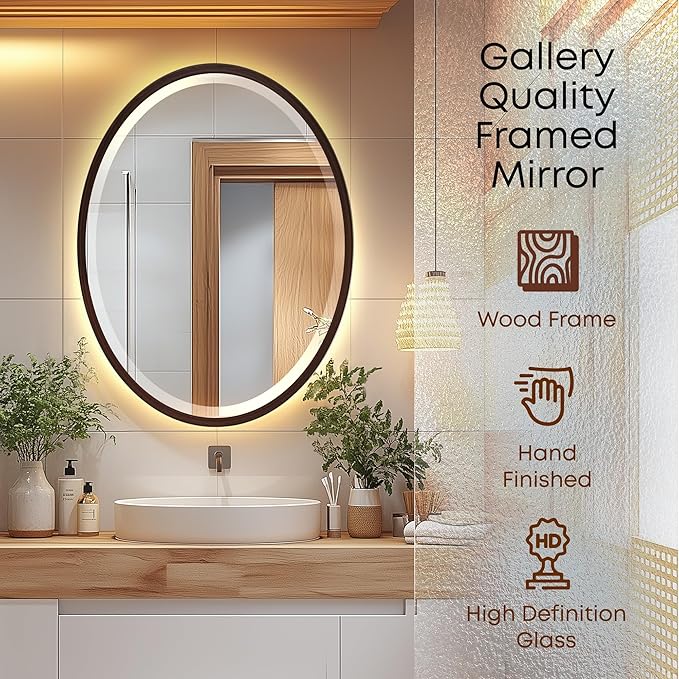 OVALCREST - Oval Wooden Beveled Wall Mirror for Home Decor, Bathroom, Vanity, Bedroom, Living Room, Hallway - London Style (Black Walnut) 21.1 x 31.1