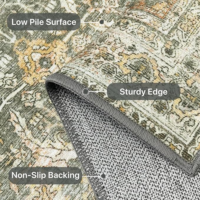 8X10 Area Rugs Machine Washable Rugs for Living Room, Vintage Boho Large Rugs for Bedroom Dining Room, Non Slip Indoor Soft Distressed Lightweight Thin Low Pile Carpet, Turmeric