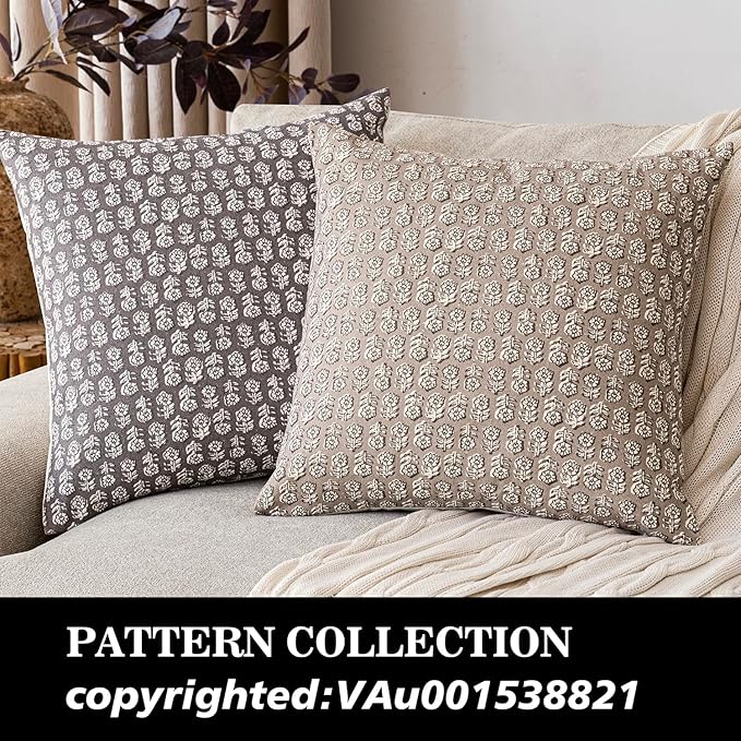 Foindtower Set of 2 Decorative Neutral Floral Print Throw Pillow Covers Vintage Accent Farmhouse Cushion Covers Boho Home Decor for Sofa Couch Chair Bedroom Living Room Outdoor,20×20 Inch,Rustic Gray