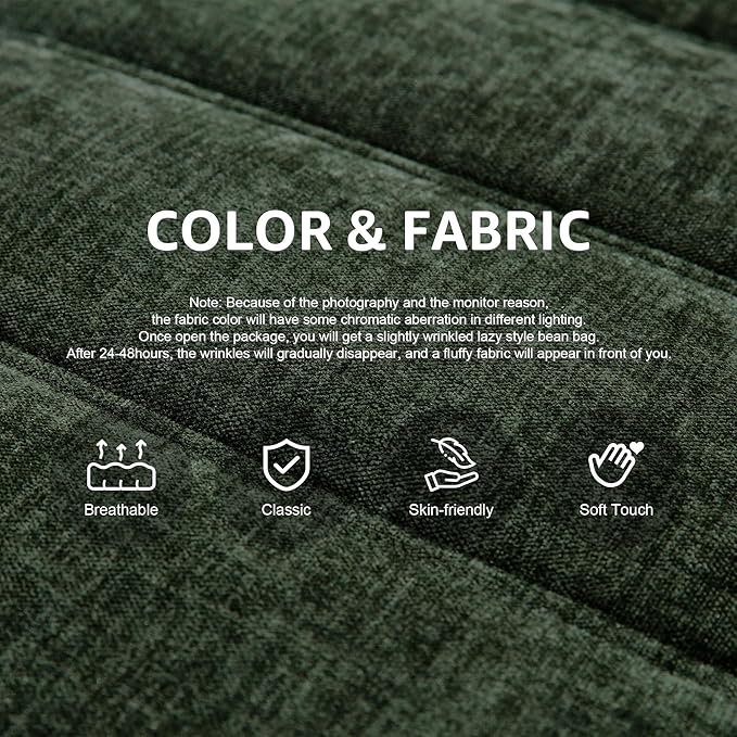 Hobestluk Bean Bag Chairs for Adults Giant Bean Bag Chair Memory Foam BeanBag Chair Bean Bag Sofa with Filler Faux Fur Fireside Beanbags Lazy Sofa for Living Room Bedroom (Green Chenille, 3-Seater)
