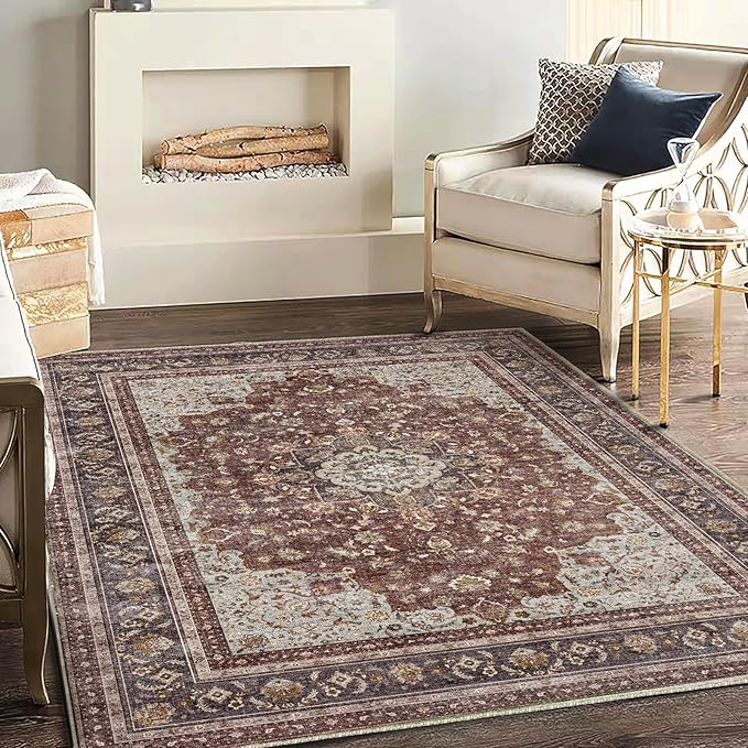Washable Area Rug 4'x6' Traditional Floor Cover Foldable Thin Rugs Retro Kitchen Indoor Distressed Non Slip Carpet Floral Print Mat Bedroom Living Room