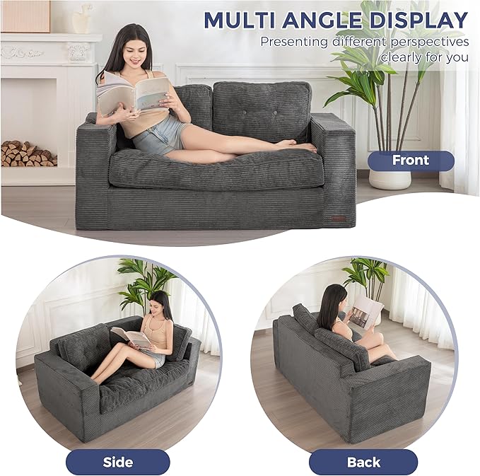 MAXYOYO Bean Bag Chair for Adults, Upholstered Floor Sofa with Armrests, Loveseat Boneless Couch with Tufted Cushion & Backrest, Sofa in A Box, Large Bean Bag Couch for Bedroom Living Room, Dark Grey