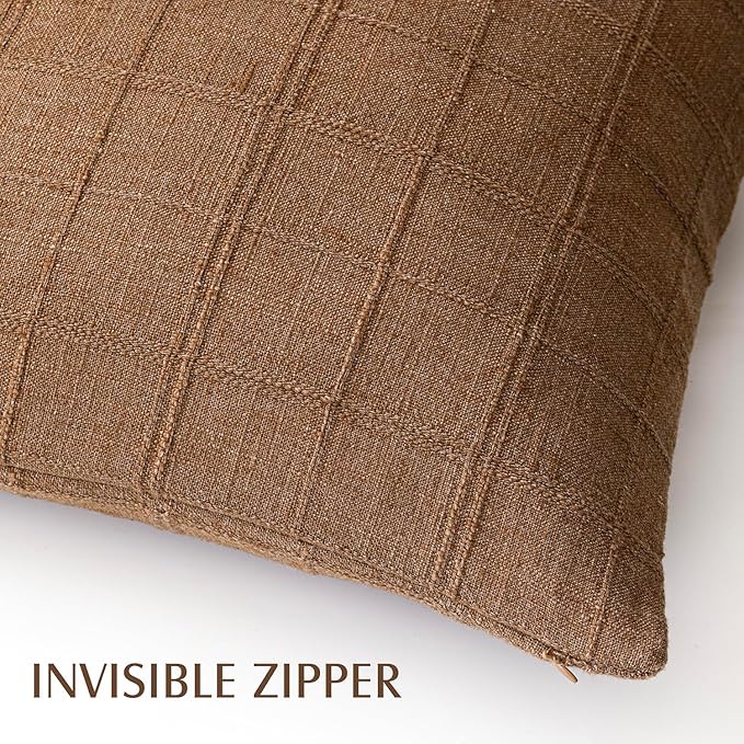 Foindtower Set of 2 Decorative Linen Check Throw Pillow Covers Neutral Farmhouse Vintage Cushion Covers Modern Boho Home Decor for Sofa Chair Couch Bedroom Living Room Outdoor,22×22 Inch,Brown Hazel