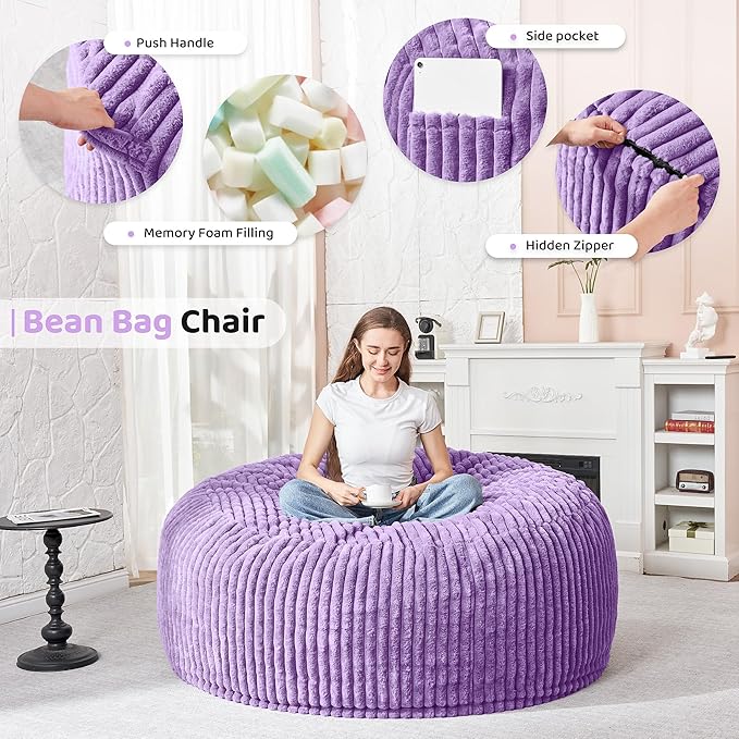 HABUTWAY 4FT Bean Bag Chair, 4' Large Bean Bag Chairs for Adults with Removable Stripe Plush Cover, Memory Foam Beanbag Chair for Living Room Bedroom Dorm (Purple)