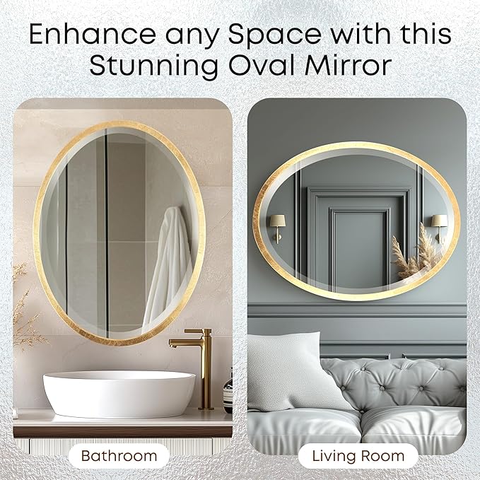 OVALCREST - Oval Wooden Beveled Wall Mirror for Home Decor, Bathroom, Vanity, Bedroom, Living Room, Hallway - London Style (Gold Leaf) 21.1 x 25.1