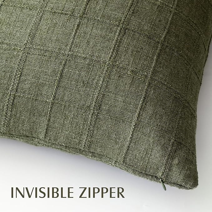 Foindtower Set of 2 Decorative Linen Check Throw Pillow Covers Neutral Farmhouse Lumbar Cushion Covers Modern Boho Home Decor for Sofa Chair Couch Bedroom Living Room Outdoor,12×20 Inch,Olive Green