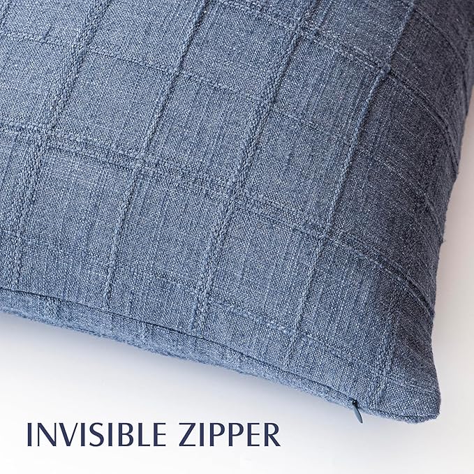 Foindtower Set of 2 Decorative Linen Check Throw Pillow Covers Neutral Farmhouse Vintage Cushion Covers Modern Coastal Boho Home Decor for Sofa Chair Couch Bedroom Living Room Outdoor,20×20 Inch,Blue