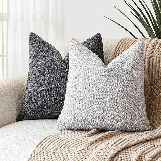 Foindtower Set of 2, Decorative Textured Boucle Throw Pillow Covers Accent Solid Pillow Cases Neutral Soft Cozy Couch Cushion Case for Chair Sofa Bedroom Living Room Home Decor 24 x 24 Inch Light Grey