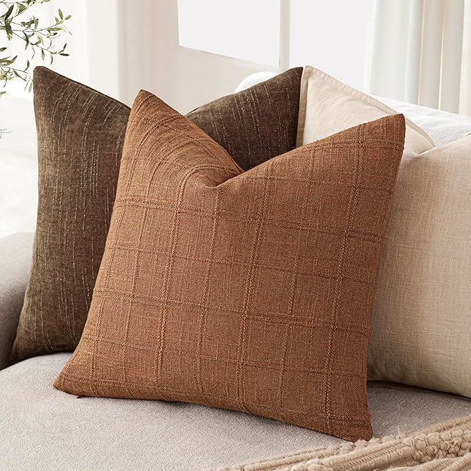 Foindtower Set of 2 Decorative Linen Check Throw Pillow Covers Neutral Farmhouse Vintage Cushion Covers Modern Boho Home Decor for Sofa Chair Couch Bedroom Living Room Outdoor,22×22 Inch,Orange
