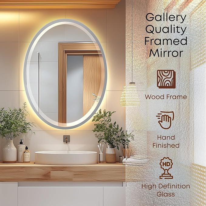 OVALCREST - Oval Wooden Beveled Wall Mirror for Home Decor, Bathroom, Vanity, Bedroom, Living Room, Hallway - London Style (Silver Spray) 31.1 x 41.1