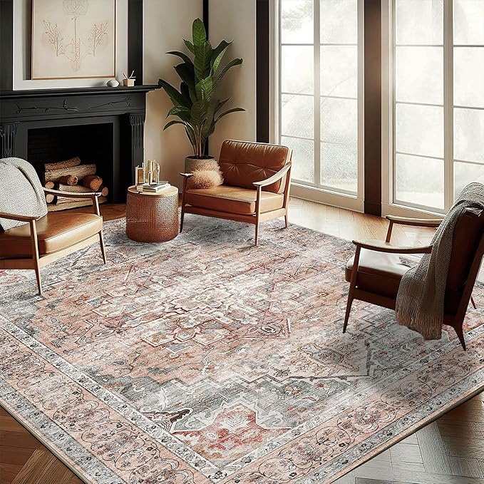 Washable Area Rug 9'x12' Light Cyan and Light red Retro Flowers Boho Design Non-Shedding Easy Care Ideal for High Traffic Areas in Living Room Bedroom Office Kitchen Large Carpet