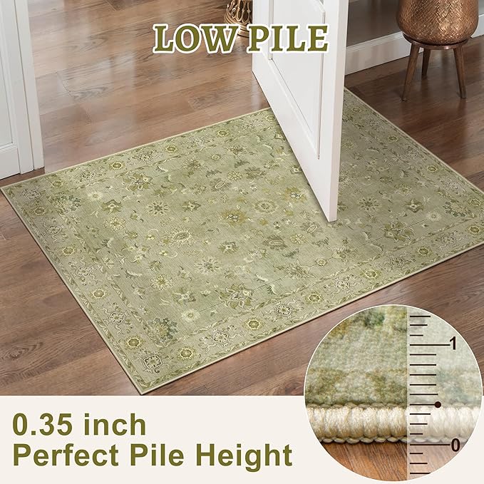 Tangsoo Floral Vintage Rug 2x3 Washable Rug for Entryway, Non Slip Small Area Rugs, Indoor Front Door, Print Distressed Green Door Mat Carpet, Soft Low Pile Rugs for Entrance Kitchen Bedroom