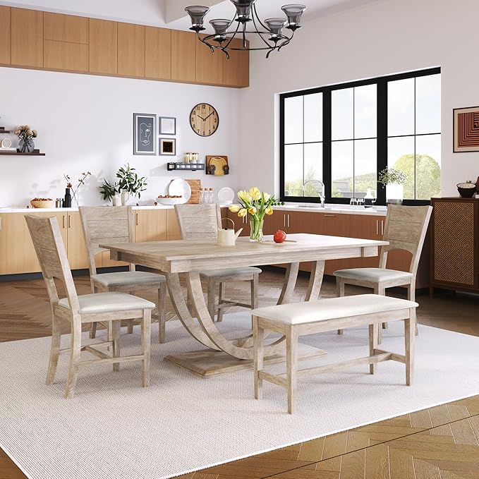 Ball & Cast 6 Piece Dining Table Set with 4 Upholstered Chairs & 1 Bench,Wooden Living Room Furniture for 6 W/ 59.1" Rectangle Kitchen Desk,for Restaurant,Home Bistro,Natural Wood