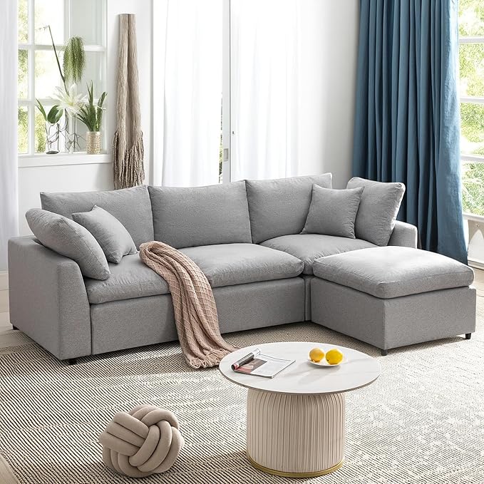 104.3 Inch L-Shaped Modular Sectional Sofa with Reversible Chaise and Pillows, Down Filled Upholstered Convertible Corner Couch for Living Room, Bedroom, Office, Apartment, Light Gray