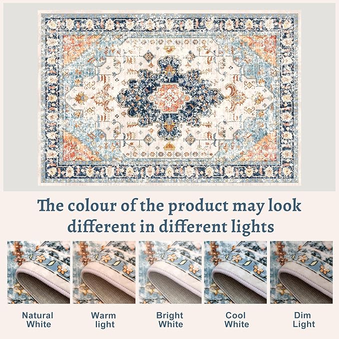 Tangsoo 4x6 Area Rug for Living Room, Washable Vintage Indoor, Distressed Blue/Beige Carpet for Bedroom, Non Slip Dining Room, Soft Low Pile Rugs Foldable for Dorm Bedside Bathroom