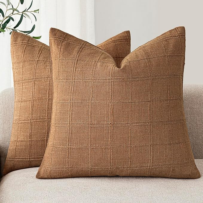Foindtower Set of 2 Decorative Linen Check Throw Pillow Covers Neutral Farmhouse Vintage Cushion Covers Modern Boho Home Decor for Sofa Chair Couch Bedroom Living Room Outdoor,24×24 Inch,Brick
