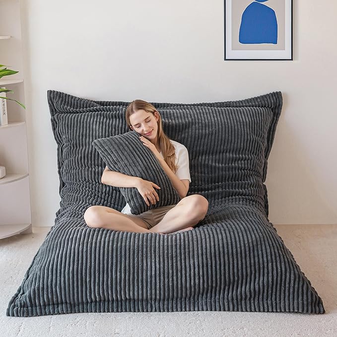 MAXYOYO Giant Bean Bag Chair with Pillow, 3 in 1 Convertible Bean Bag Chair for Adults with Washable Cover, Removable Floor Cushion Stuffed Floor Lounger for Living Room Bedroom, Dark Grey, Queen