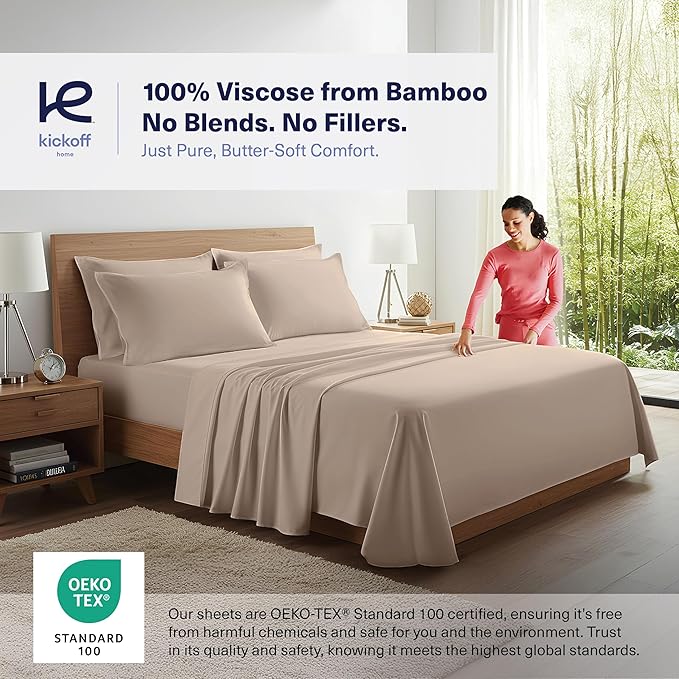 Kickoff Viscose Bamboo Sheets Queen Size 4-pc 100% Organic Bamboo Viscose Bed Cooling Sheets Queen Size Set Cool Bedding for hot Sleepers Sheet, Flat, Fitted, Pillowcases (Iced Latte, Q)