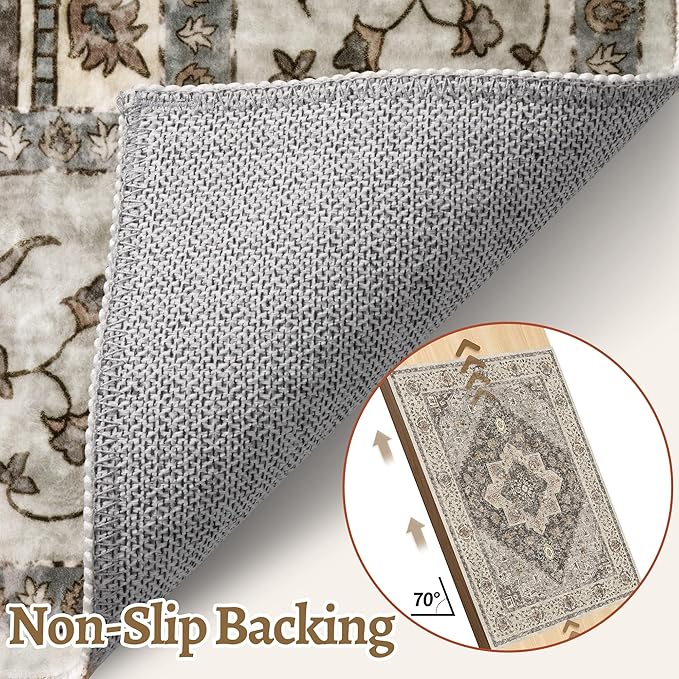 Tangsoo 2x6 Washable Runner Rug for Hallways, Non Slip Vintage Runner, Soft Low Pile Long Rug Runner, Print Distressed Brown/Grey Carpet Runners for Kitchen Bedroom Entryway Bathroom Living Room