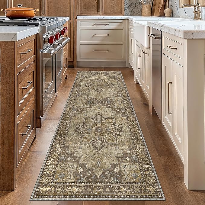 GENIMO 2x5 Runner Rugs for Hallway, Machine Washable Non Slip Vintage Retro Rugs, Low Pile Lightweight Soft Print Rug for enrtyway, Corridor, Home Office, Kitchen, Rustic Brown