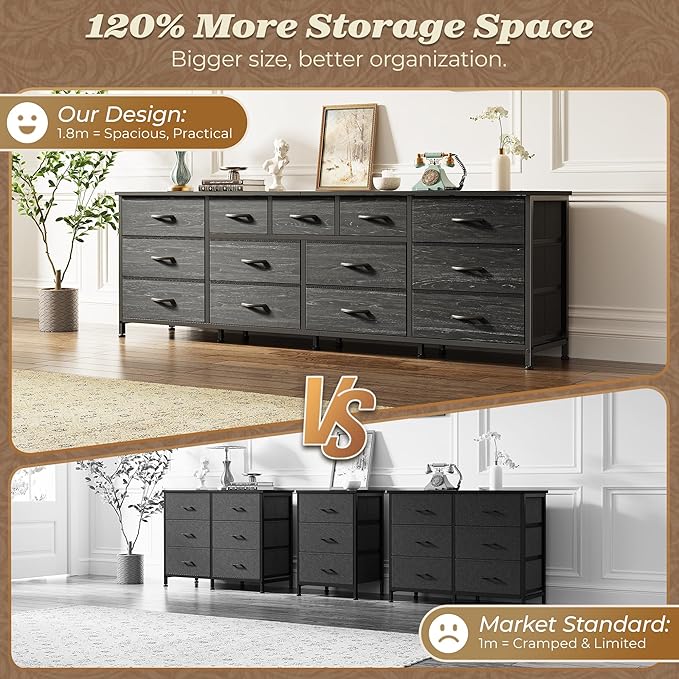 Huuger 70 Inch Dresser for Bedroom, TV Stand for 65, 75, 80 Inch TV, 13 Fabric Drawer Long Dresser, Large Entertainment Center for Bedroom, Wide Chest of Drawer with Storage, Charcoal Black