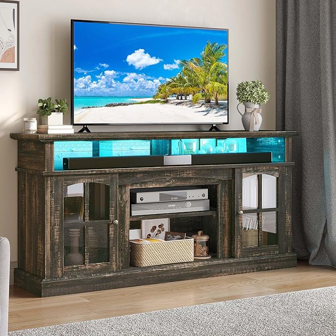 YITAHOME LED Farmhouse TV Stand for 75 Inch w/Outlets, Modern Entertainment Center with Glass Doors and Adjustable Storage Shelves, Media Console TV Cabinet for for Living Room, Dark Rustic Oak