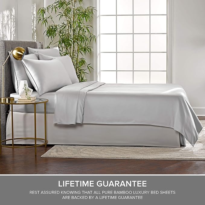 Short Queen Sheets by Pure Bamboo for RV Camper (60"x75") - Genuine 100% Organic Viscose Derived from Bamboo Bed Sheet Set, Soft & Cooling, Lifetime Quality Promise (Short Queen, Silver Pearl)