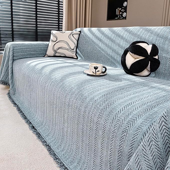 Nobildonna Sofa Cover Washable Soft Thicken Chenille Couch Cover with Tassel,Waterproof Sofa Slipcover for 3-4 Cushion Couch,Sectional Sofa,L-Shaped Furniture Protector Pet-Friendly,Dusty Blue71 x134